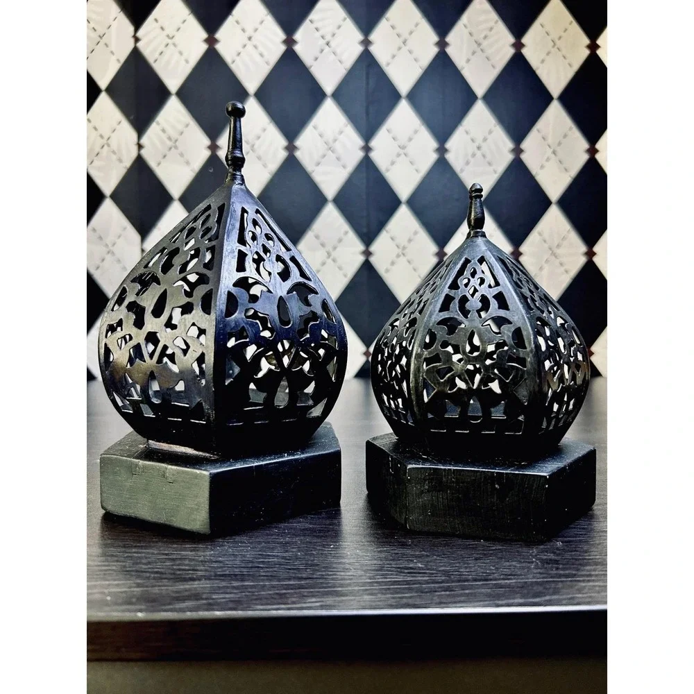 Moroccan Lantern Candleholders Black‎ Pierced Metal Decor Pair